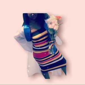 Yellow,black,red & white strapless bodycon dress